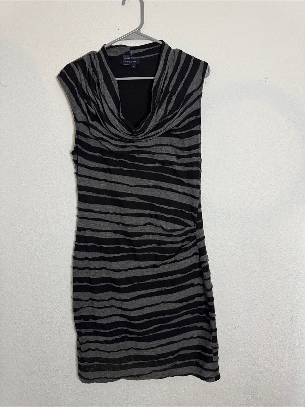 Ann Taylor Black and Gray Striped Cowl Neck Midi Dress
